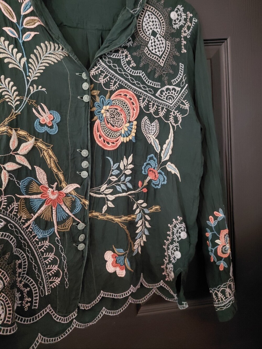 Johnny Was Sz. M 100% Cupra Green Embroidered Prue Blouse - Picture 11 of 15